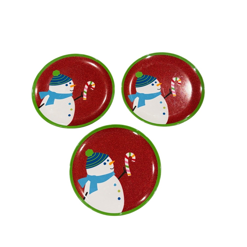 Target Holiday Snowman Melamine Plates Red Glitter Green Rim Set of 3